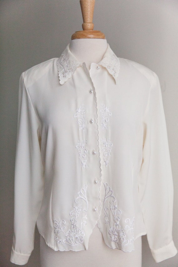 vintage ivory embroidered blouse, 1990s 90s ivory 