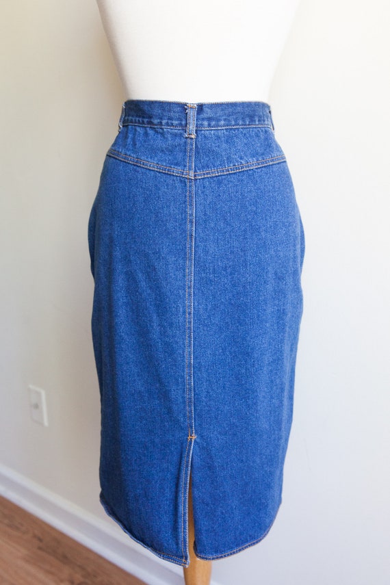 vintage denim midi skirt, 1980s 80s high waist denim … Gem