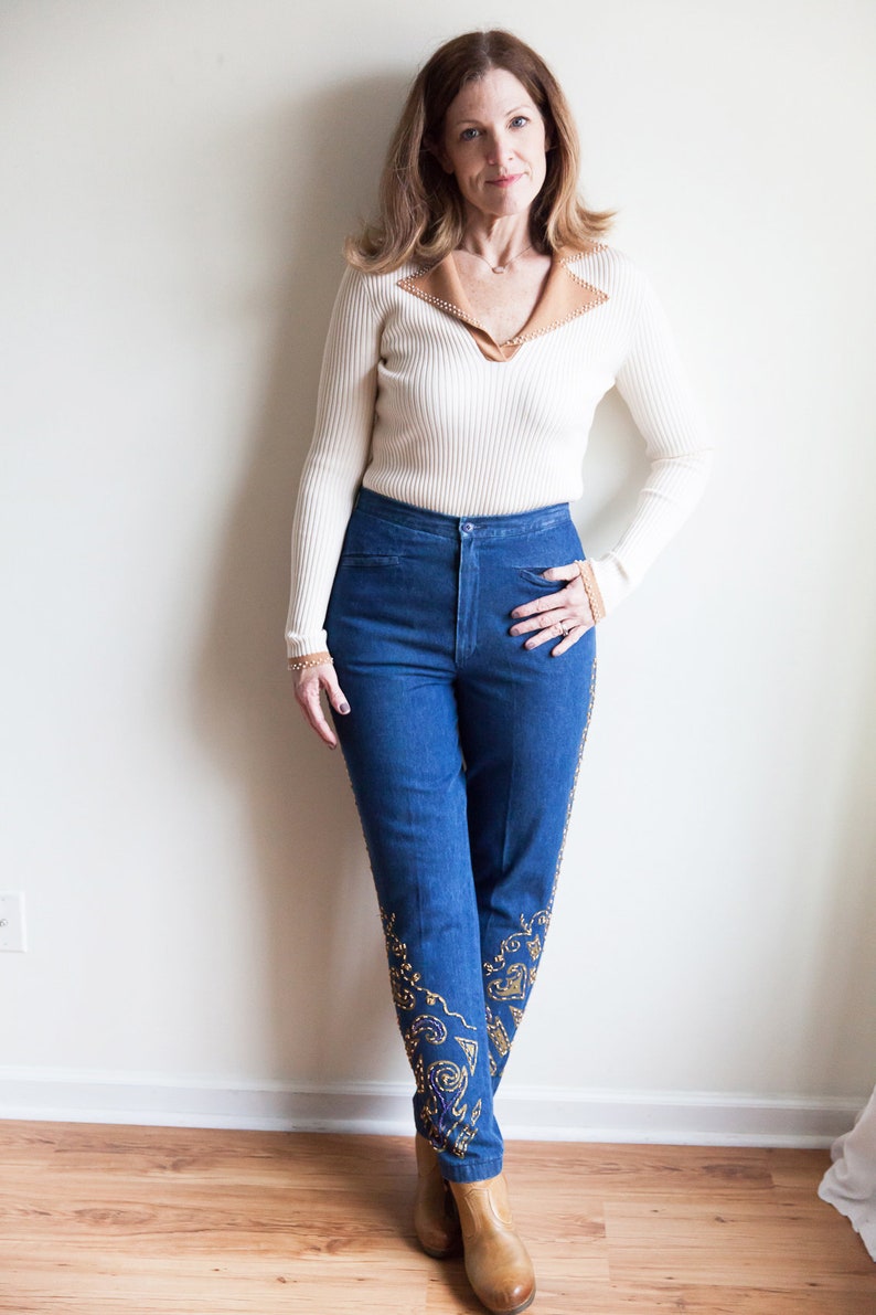 80s vintage beaded embroidered jeans 80s high waisted jeans Etsy