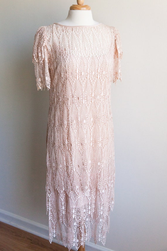 vintage blush crochet lace dress, 1980s 80s croche