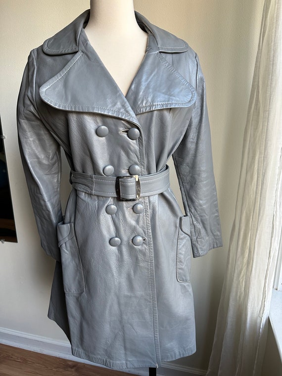 vintage gray leather car coat, 70s double breasted