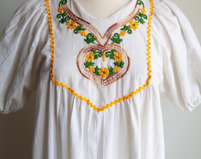 60s cotton muslin embroidered dress, 60s hippie dress, Large