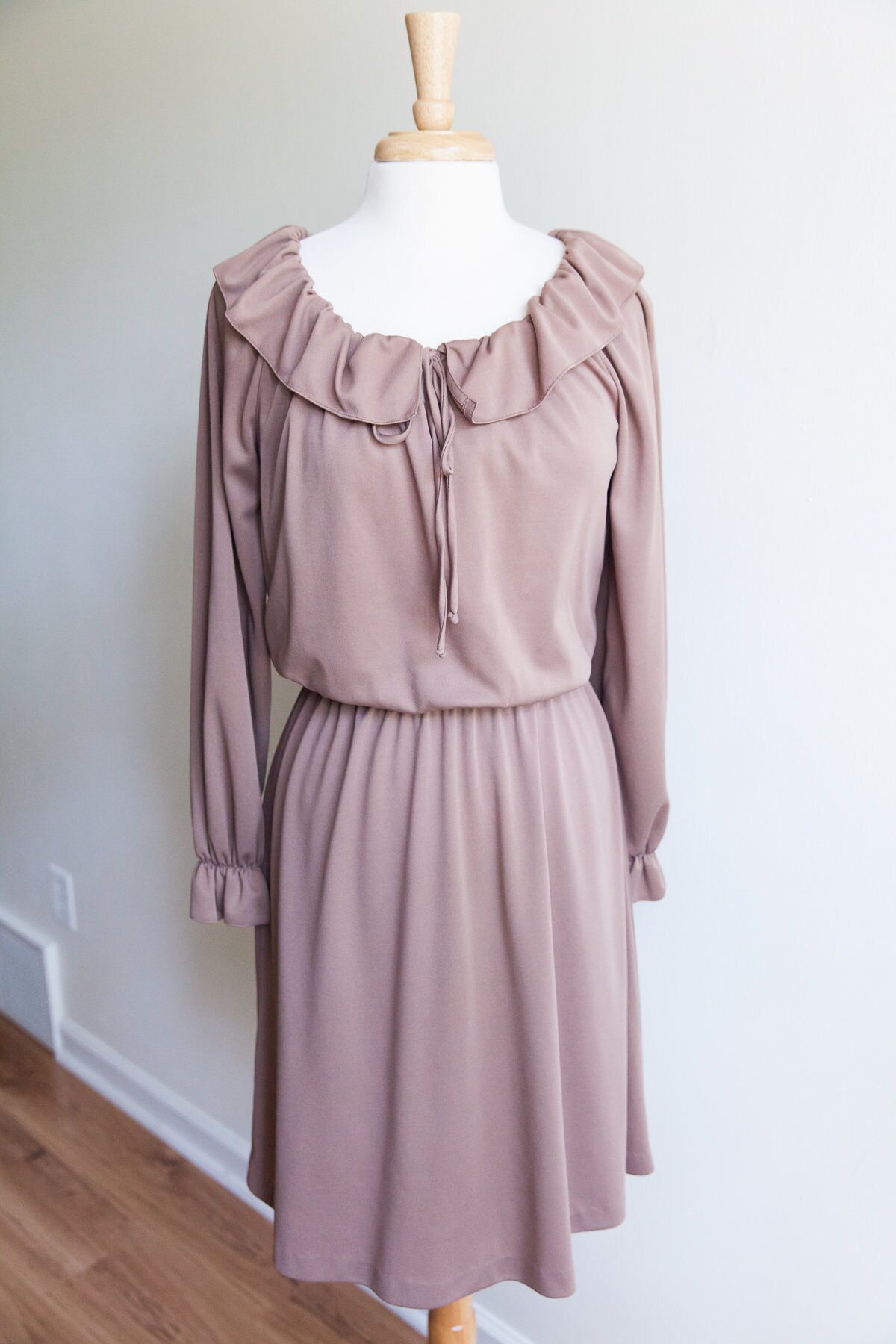 Vintage 70s Beige Striped SEARS Long Sleeve Button Dress - 8