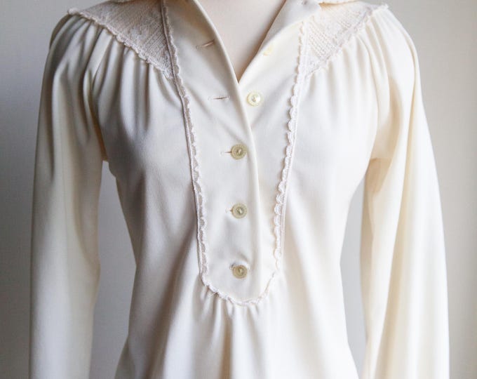 70s ivory lace collared blouse, vintage boho hippie top, sm/med