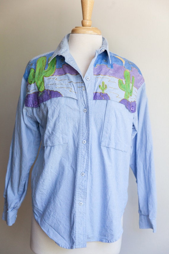 vintage desert dreams blouse, 1980s 80s chambray c