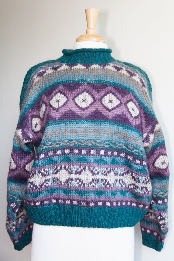 vintage teal purple sweater, 1990s 90s teal purpl… - image 2