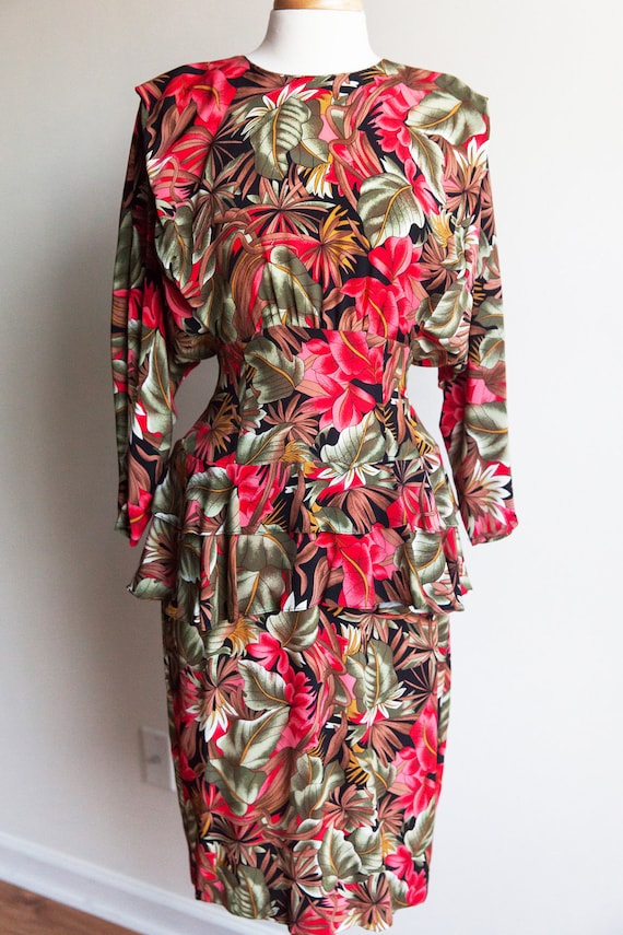 80s vintage tropical garden dress, 80s peplum dres