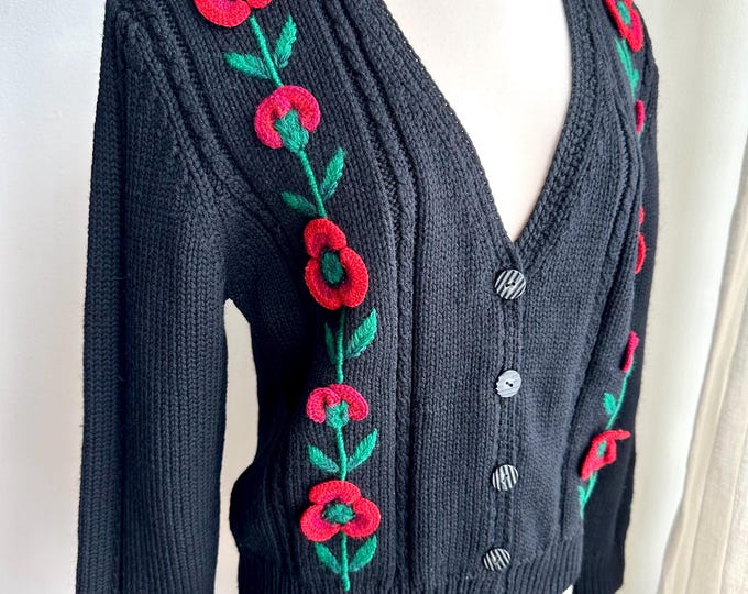 80s black embroidered sweater, vintage boho sweater, large