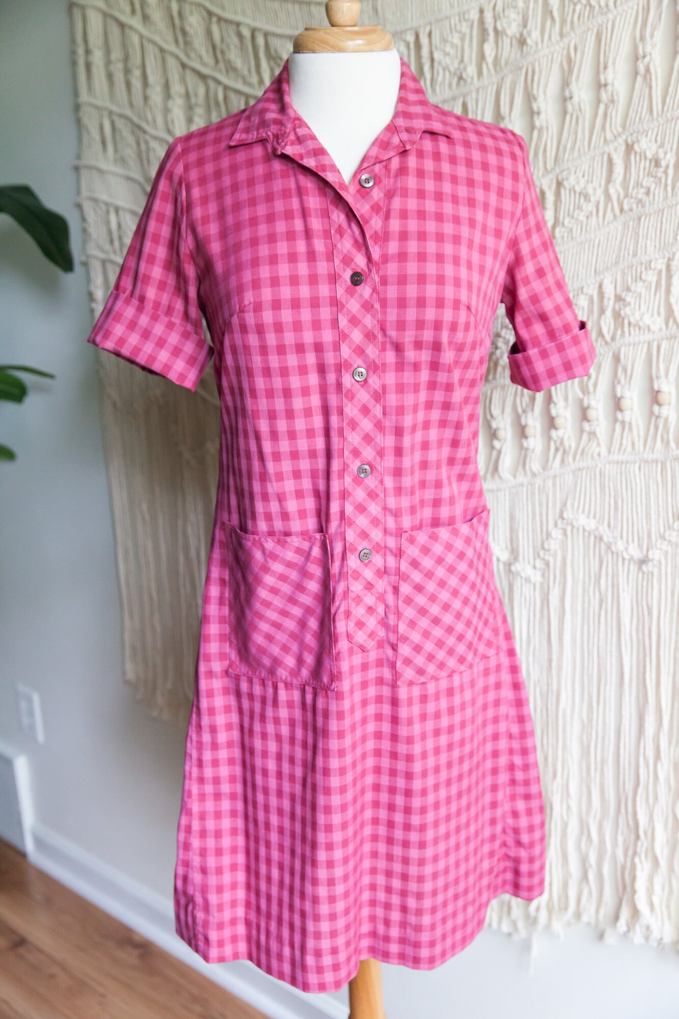 vintage checkmate shirt dress, 1960s 60s vintage check big pockets