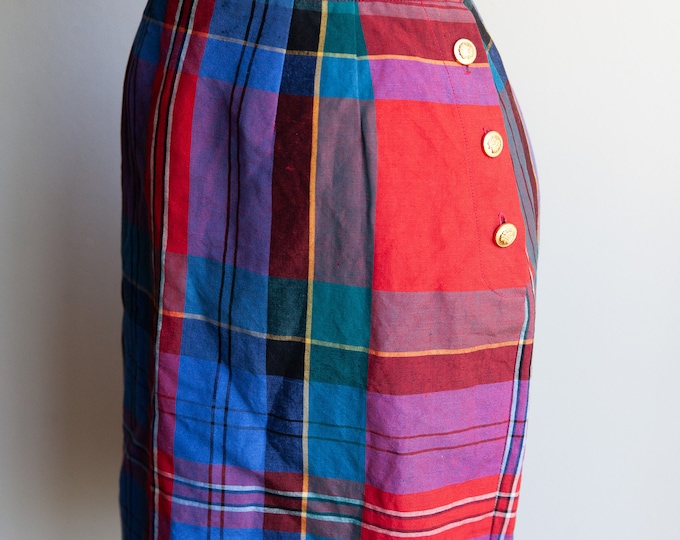 80s plaid linen Ralph Lauren skirt, 80s plaid mini skirt, Small