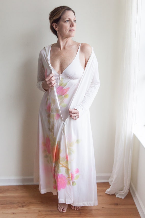 vintage watercolor nightgown robe set, 1980s 80s w