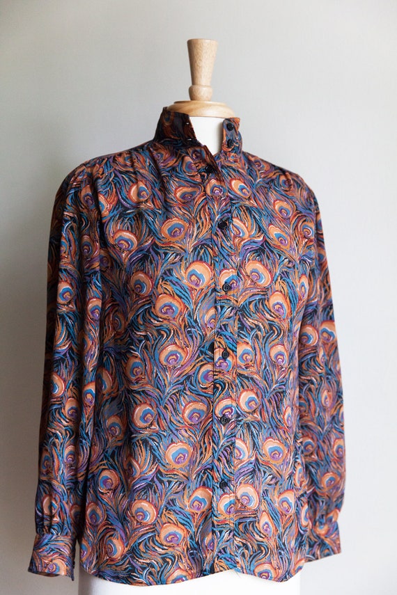 80s vintage peacock feather blouse, boho style, 80