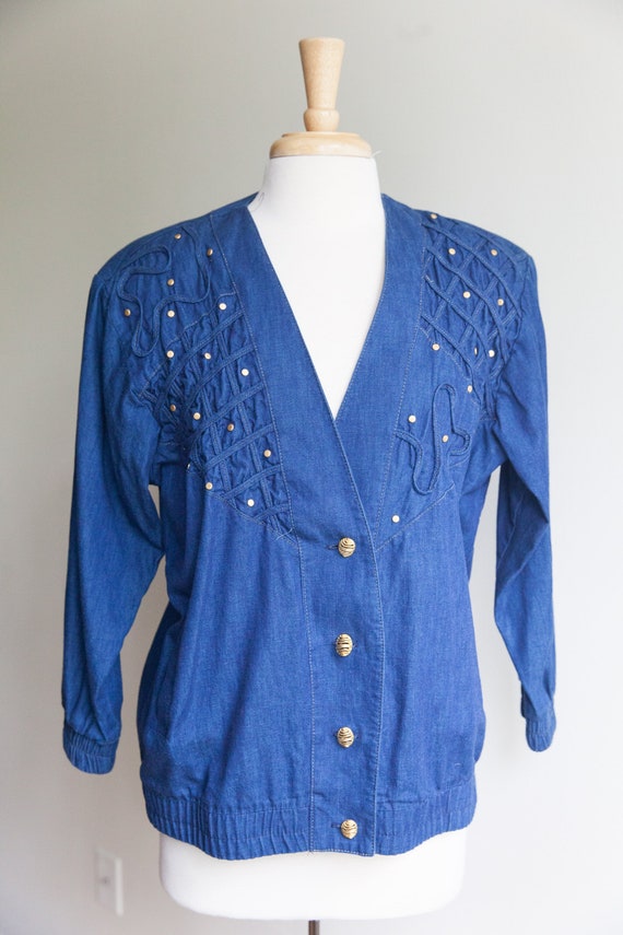 vintage denim bling bomber jacket, 1980s 80s denim