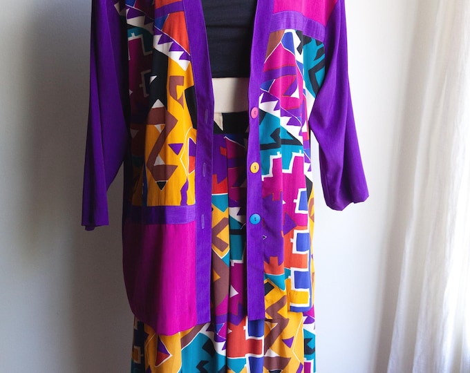 80s bold color blazer skirt set, 80s colorful midi skirt, medium