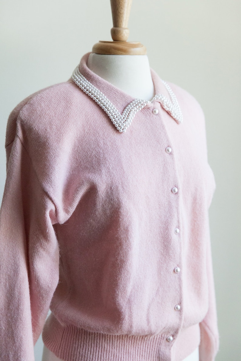 beaded cardigan 80s cardigan cardigan with pearl buttons 80s sweater 80s vintage cardigan w faux pearl collar