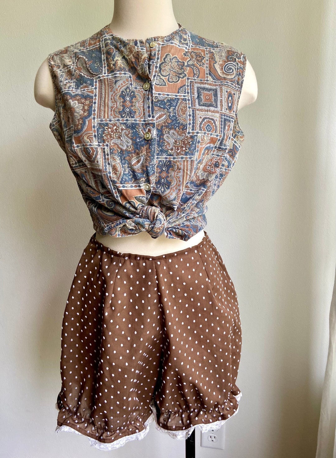 Vintage Polka Dot Bloomers, 1980s 80s Brown Polka Dot Bloomers Shorts