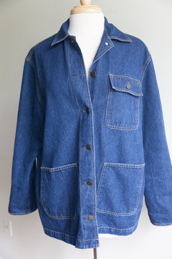 vintage denim chore jacket, 1990s 90s denim plaid 