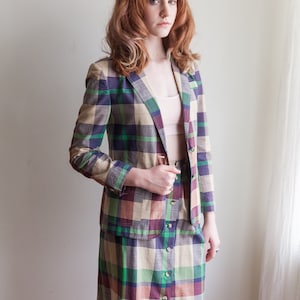 Vintage 80s Plaid Skirt Suit Set: Cotton Blazer, XS/Small