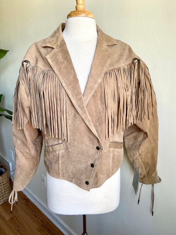 vintage southwest fringe jacket, 1980s 80s suede … - image 2