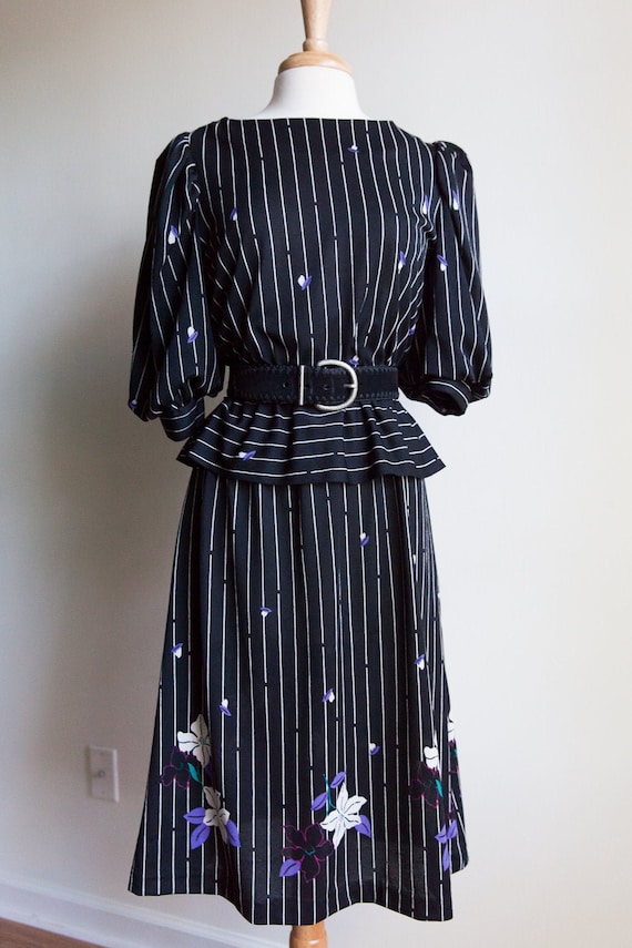 80s vintage striped peplum dress, 80s peplum dress