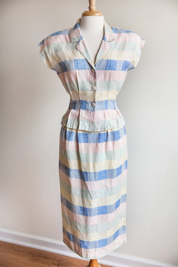 80s vintage pastel plaid skirt set, 80s pastel pla