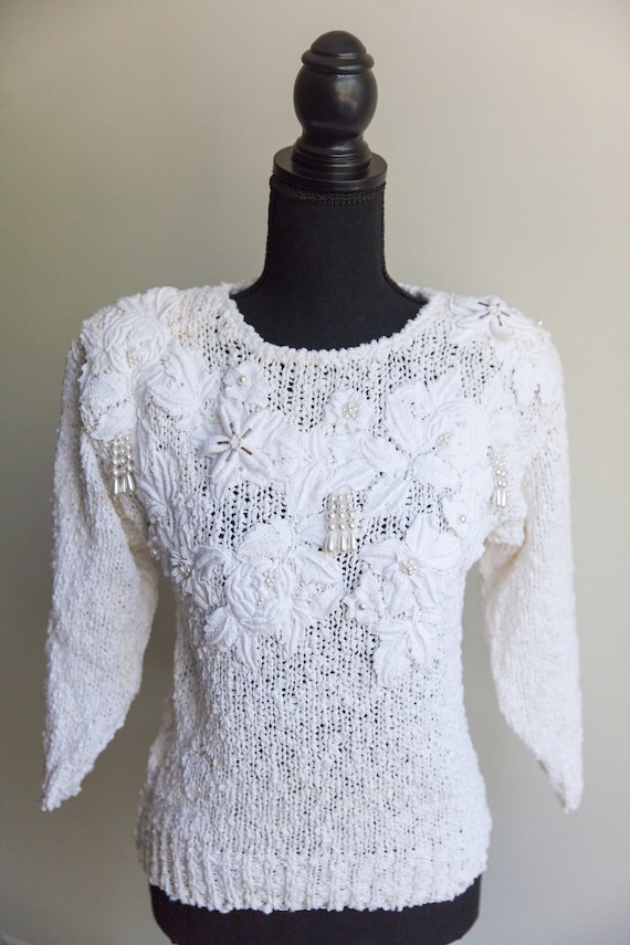 vintage floral applique sweater, 1980s 80s beaded 