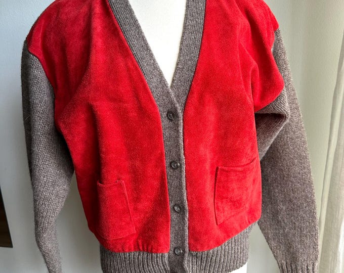vintage Ralph Lauren sweater, 80s Ralph Lauren knit suede sweater, Med/Large