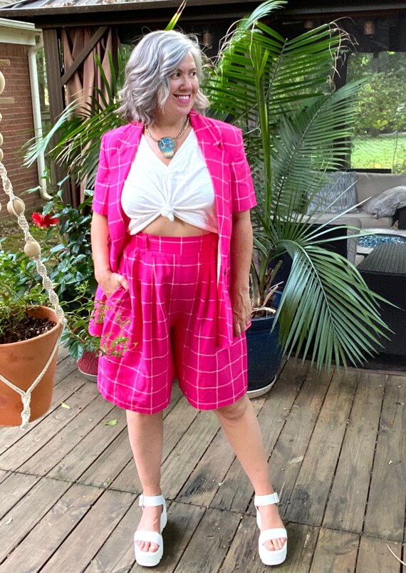 vintage hot pink blazer and short set, 1980s 80s h