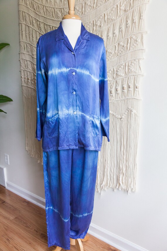 vintage indigo tie dye silk pajamas, 1990s 90s vin
