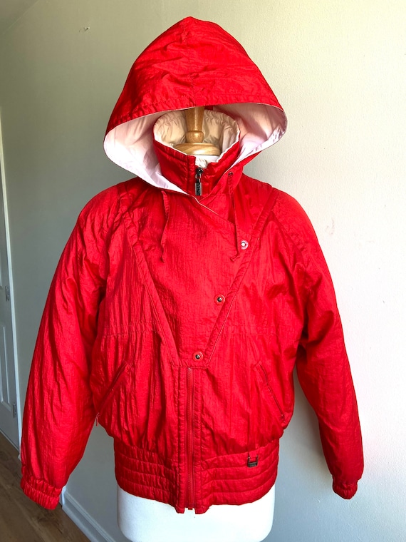 vintage candy apple red puffer coat, 1980s 80s red