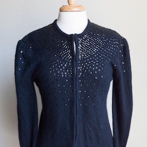 vintage black sequin sweater, 1990s 90s black sequin puff sleeve cardigan sweater, vintage sequin cardigan, Small