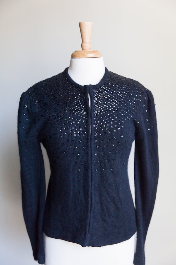 vintage black sequin sweater, 1990s 90s black seq… - image 1