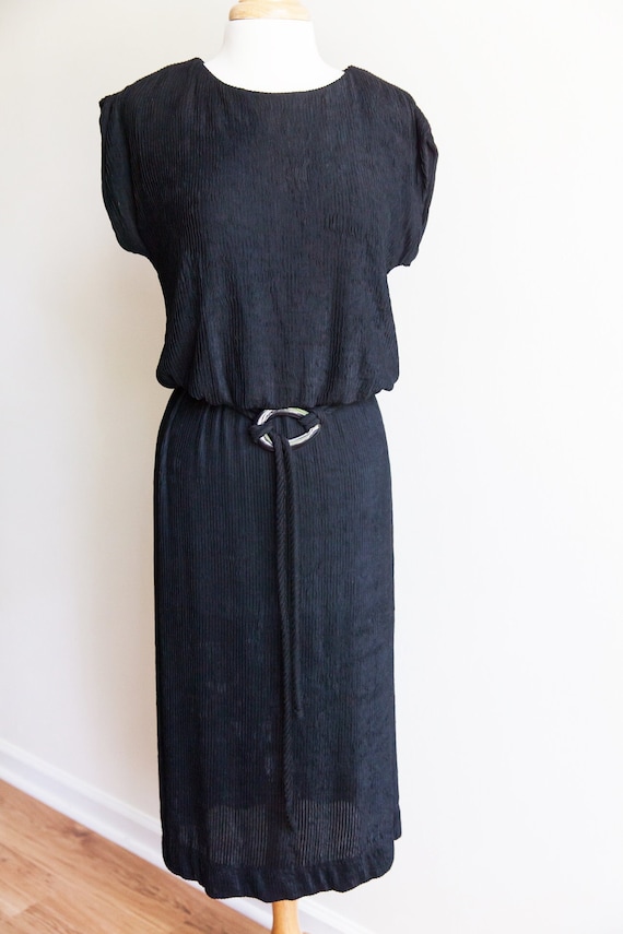 vintage micro pleated midi dress, 1980s 80s black 