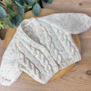 Newborn Baby Knitted Cardigan,  Size 0-3 months,  Ivory Flecked Baby Girl Boy Gift, Handmade