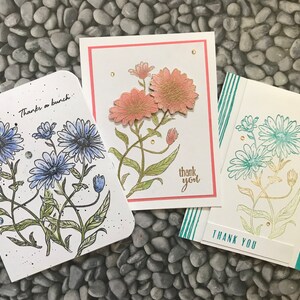 Juego de 3 tarjetas de agradecimiento con flores. Sobres a juego. Tarjeta Hola amigo. Tarjeta de agradecimiento