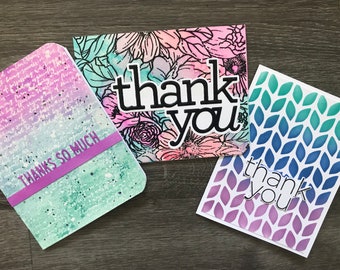 Handmade Thank You Cards.  Blues, Purples and Greens. Raised Sentiments. Appreciation Cards. Gift Thank You Card