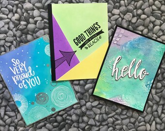 Assorted Sentiments Handmade Cards. Hello. Good Things Are Within Reach. So Very Proud of You. Mixed Media. Set of 3. For him or her.