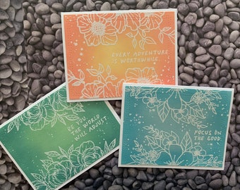 Set of 3 Floral Encouragement Cards. Handmade set of 3  Encouragement Cards. White Embossed Encouragement Card Set of 3. Dimensional.