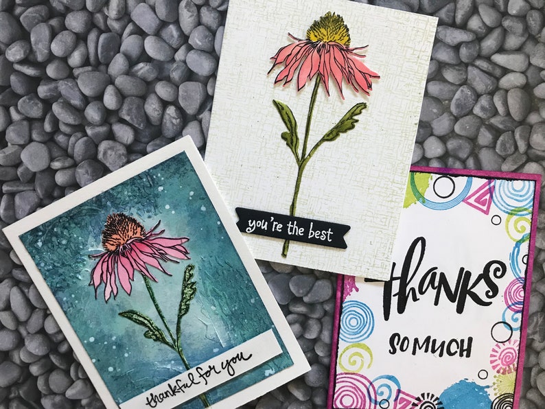 Floral Hand Stamped Thank You Cards Set of Three Mixed Media Hand Painted Cards Appreciation Cards Matching Envelopes