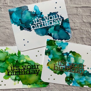 Masculine Bright Colored Birthday Cards.  Alcohol Inks.  Abstract Design. Happy  Birthday Cards for him or her. Raised Sentiments. Set of 3.