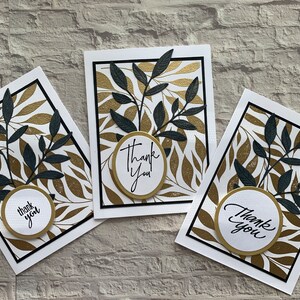Set di 3 biglietti di ringraziamento foglia. Set di carte di apprezzamento fatte a mano. Biglietti di ringraziamento eleganti in oro e nero. Abbellimenti in oro.