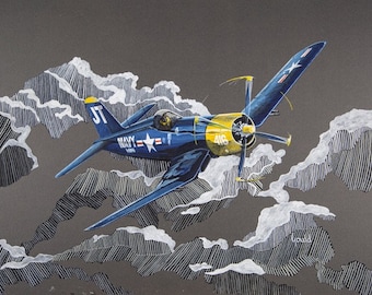 CORSAIR FU4  American WW2 Fighter Plane.  Framed Limited Edition Giclee Fine Line Print.