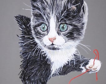 Black and White Cat.  &quot; Not all black & white &quot;.   Original Painting.