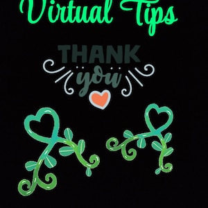 Pode incluir: Hera verde com formas de coração e folhas sobre um fundo preto. O texto "Virtual Tips" e "Thank you" está escrito em verde e preto. Um pequeno coração vermelho está entre as palavras "Thank" e "you".
