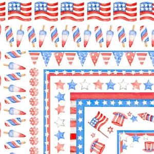 WATERCOLOR CLIPART 4th of July America Day American USA flag frames png watercolour illustration painting clip art colorful party border