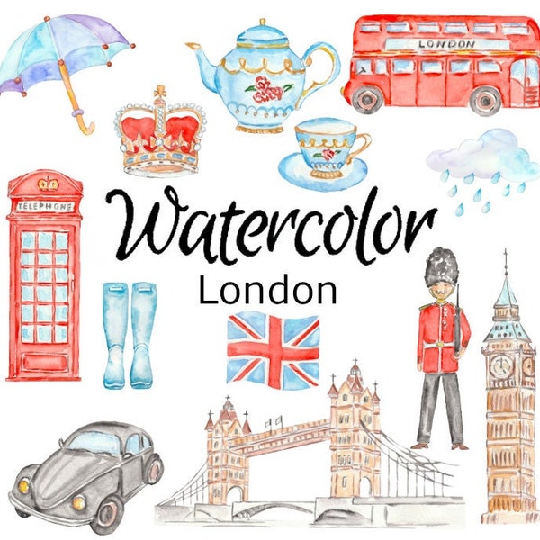 AQUARELLE CLIPART, Londres scrapbooking png graphiques aquarelle illustration croquis peinture clip art ville bus sightseen bridge téléphone