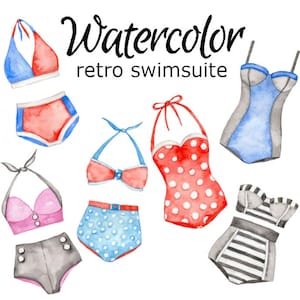 May include: Watercolor illustration of six retro swimsuits in various styles and colors. The swimsuits feature polka dots, stripes, and solid colors. The text "Watercolor retro swimsuit" is written above the swimsuits.