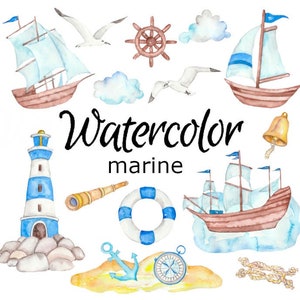 WATERCOLOR CLIPART, marine clip art nature scrapbooking ocean animals png, graphics, watercolour, illustration sketch painting boat