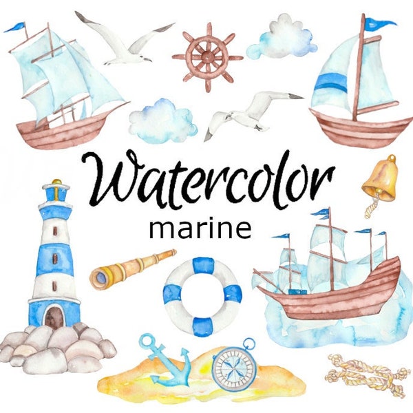 WATERCOLOR CLIPART, marine clip art nature scrapbooking ocean animals png, graphics, watercolour, illustration sketch painting boat