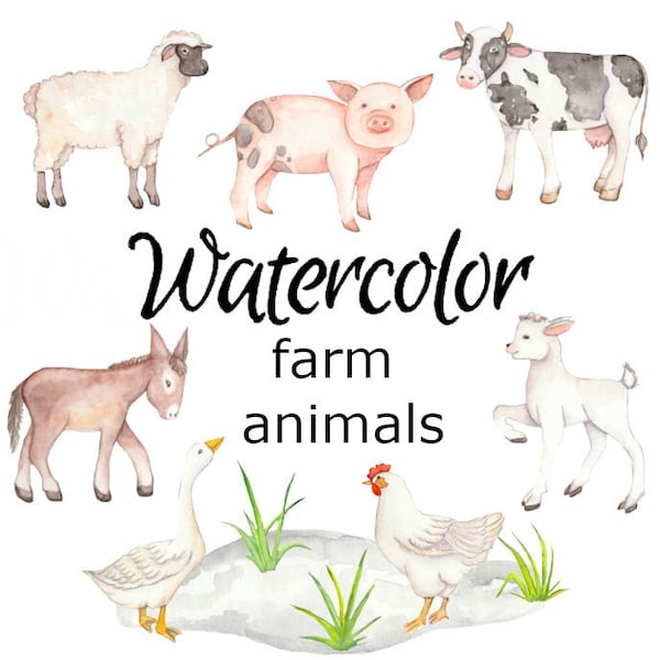 WATERCOLOR CLIPART, farm animals clipart nature scrapbooking clip art, insect farmer png, graphics, watercolour, illustration barn cow baby